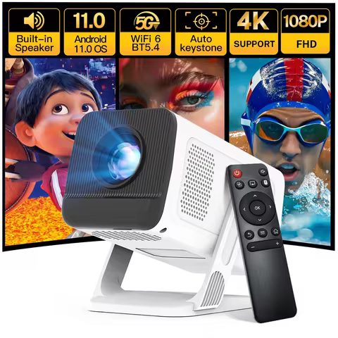 Smart Mini Projector 1080P 4K Support with WiFi 6 & BT 5.4 Built-in Apps Android TV Auto Keystone 18