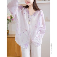 XIAOER | Fine Rayon Loose Flower Print Bishop Sleeve V-neck Top