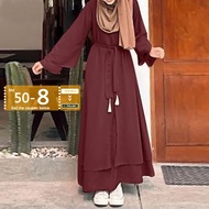 Women Vintage Solid Double Layer Muslim Casual Long Sleeve Maxi Sundress White Long Dress