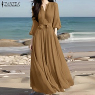 ZANZEA เดรสแขน3/4คอวีสำหรับผู้หญิงสไตล์เกาหลีชุดเดรสแม็กซี่วันหยุด #0602