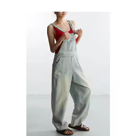 Age-Reducing, Laid-Back Style~ Women's Washed Light Blue Denim Overalls, Versatile Slim-Fit Straight