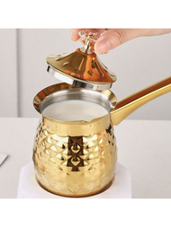 1入金色不銹鋼長柄咖啡壺附蓋子咖啡壺,不銹鋼濃縮咖啡壺,加熱奶壺,希臘阿拉伯咖啡壺,帶手柄和蓋子的完美咖啡製造商