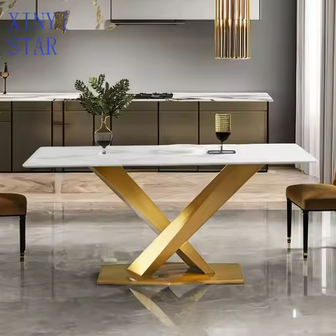 Light Luxury Modern 6-Seater Dining Table And Chair Set Rectangular Stainless Steel With Gold Legs B