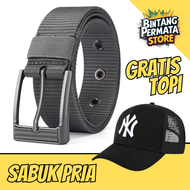 Sabuk Pria Gratis Topi - Ikat Pinggang Nylon Kanvas Kepala Besi Import (BPS-TOPI/SBK006)