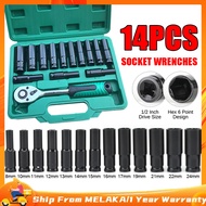 14PCS 1/2 Inch Long Impact Socket Set Deep Long Box Socket 6 Point Heavy Duty Ratchet Socket Torque 