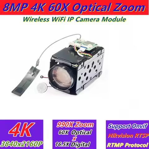 Full Color 4k 8mp 60X Optical Zoom wifi IP camera module Hikvision onvif 8MP surveillance Camera mod