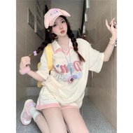 女童夏季套裝短袖t恤韓國童裝拼色袖子POLO衫套裝短袖短褲兩件套-YL-2908杏色 120cm