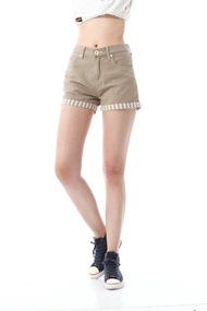 EDWIN 女裝 MISS 503反摺條紋棉麻短褲 (淺卡其)