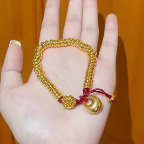 Women's 24K Gold Abacus Bead Red Rope Bracelet, AU999 | Ripple-texture beads with "Flowing Calculati