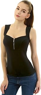 AmlieBoutik Women Queen Anne Neckline Zip Front V Neck Empire Waist Sleeveless Blouse Tank Top