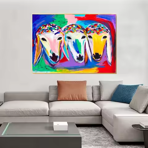 Handmade Three Sheep Head Oil Painting on Canvas for Living Room Decor M.Kadishman Modern Sheep Colo