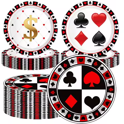 8/40pcs Casino Paper Plates 7inch and 9inch Disposable Dessert Plate Casino Theme Party Game Theme B