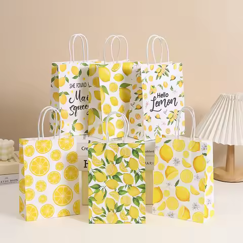 6pcs Tropical Summer Hello Lemon Theme Biscuit Snacks Paper Gift Bags Wedding Birthday Anniversary C