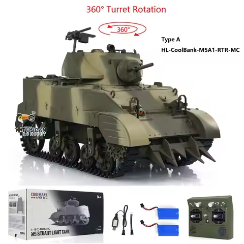 RTR 1/16 Scale RC Tank US M5A1 Stuart VI Remote Control Tank Model Painted Toys Light Smoking 2 Batt