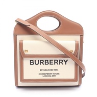 【二手】Burberry迷你口袋包 2WAY手提包 8031746 象牙色/ブラウン/黑色帆布皮革迷你口袋包 女士