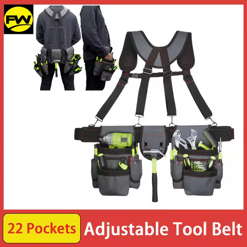 Tool Belt for Men, 32 to 66 Inches Adjustable Tool Belt with Suspenders for Electricians, Carpenters