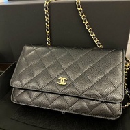 CHANEL WOC 經典鏈子皮夾 黑色荔枝紋 LOGO金扣 金鍊 法國製