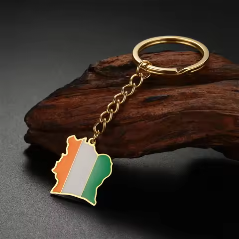 EUEAVAN Ivory Coast Map Flag Pendant Keychain Stainless Steel Gold Silver Color Car Backpack Keyring