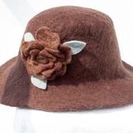 歐洲帽 針氈帽 老爺帽 遮陽帽 登山帽 電梯帽 羊毛氈帽 手工羊毛氈帽 羊毛帽 設計帽 圓頂帽 聖誕禮物 母親-咖啡花朵