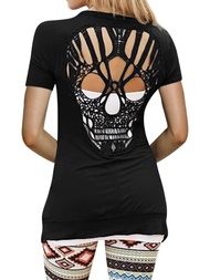 WLLW Womens Long Sleeve Open Front Back Cut Out Skull Cardigan Tops