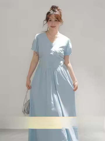 Heynew Blue 3D Flower Women's plus Size Dr Slimming Beautiful Long Summer Dr Korean Sle V-Ne A-Line 