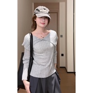 YUEZHONGWEI | Áo Sweater Xám Kiểu Pháp Dáng Trễ Vai Có Cổ Bẻ