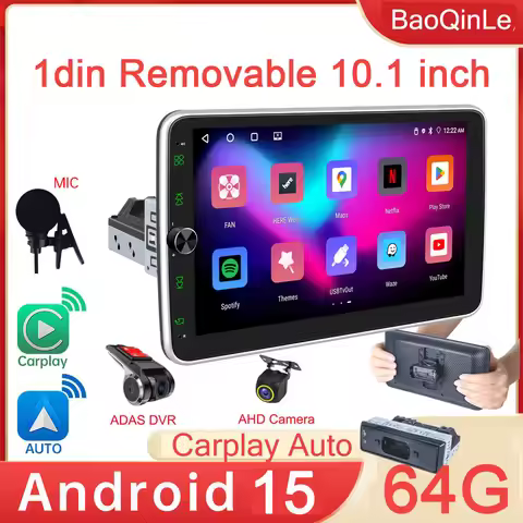 64G 10.1" Android 15 Carplay Android Auto Universal Car Radio Multimedia Player 1din Detachable swiv
