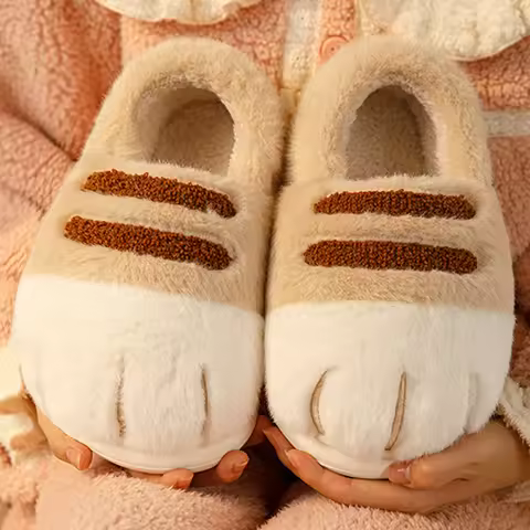 Comfortable 3D Cat Paw Plush House Slippers Warm Slip-on Furry Thermal Footwear for Autumn Winter In