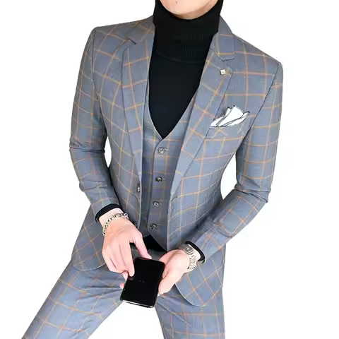 Blazer and Vest and Pants / Boutique Fashion Plaid Men's Casual Business Suit 3pcs Set Groom Wedding