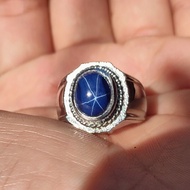 Cincin Titanium Tanam Batu Akik Permata Blue Safir Sapphire Star Mewah