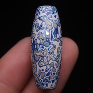Raw Ore Natural Cinnabar Blue White Porcelain Painted Dzi Beads Barrel Beads Old-fashioned Beads Loo