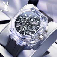 PLAYBOY Jam Tangan Lelaki Original  Waterproof Quartz Silicone Luminous Chronograph Transparent Case