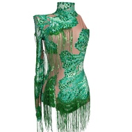 2025 Women High Stretch Spandex Jumpsuit Green Rhinestone Sequins Tassel Latin Dance Dress Sexy Jazz