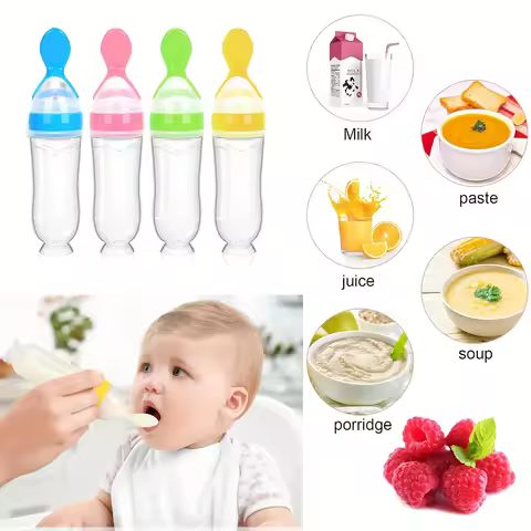 3pcs/2pcs 90ml/3oz Silicone Baby Bottle with Spoon Feeder and Suction Cup,Food Supplement Rice Cerea