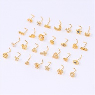 L Shape Pin Nose Studs Ring for Women Girl 18K Gold Plated Eyes Flower Star Shape Nose Pin CZ 20G