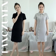 Women's polo dress with cross-collar, above-the-knee length, sporty dark gray body-hugging T-shirt d