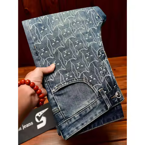 Trendy printed fashionable jeans men,, small feet, street ruff, handsome, elastic, retro blue casual
