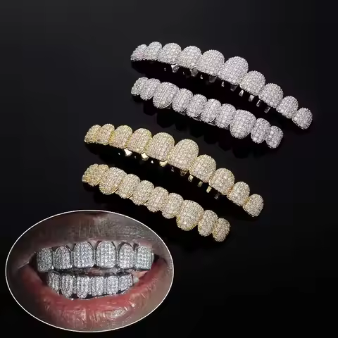 Hip Hop Teeth Grillz Set Top & Bottom Set Rhinestone Dental Grills Tooth Caps Zircon Hollow Charm Te
