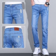 秋季新款男士牛仔褲修身小脚韓版潮流寬鬆直筒彈力學生男生青少年-淺藍色 28