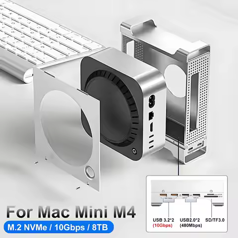 USB C Hub with M.2 SSD Enclosure for Mac Mini M4/M4 Pro Stand Type-C 8TB Max 10Gbps USB3.2 Gen2 SD/T
