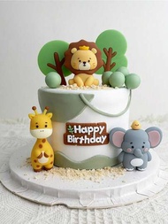 森林動物主題柔軟橡膠卡通裝飾品，用於生日蛋糕派對裝飾，包括獅子，大象，長頸鹿，樹，球形裝飾和生日快樂標誌。適用於裝飾各種大小的蛋糕，以及桌子和汽車裝飾。