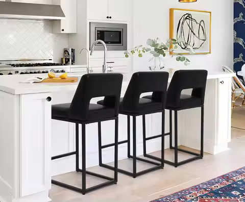 Black Counter Stools Set of 3, Modern Bar Chairs with Faux Leather Upholstered Seats, Metal Frame, 2