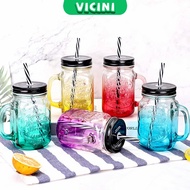 500ml Colorful Mason Jar with Reusable Straw Bottle Cold Drink Glass Mug Transparent Cup