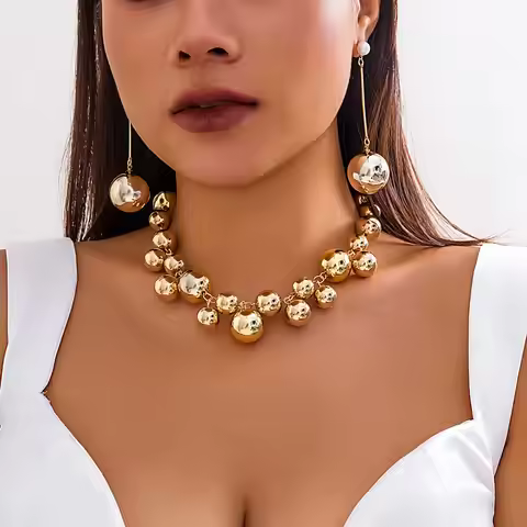 Punk Acrylic CCB Big Ball Bead Chain Necklace Drop Earrings for Women Vintage Chunky Clavicle Chain 