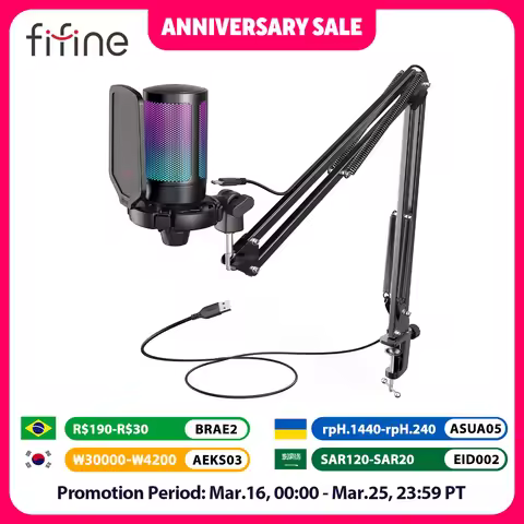 FIFINE USB Gaming Microphone Kit for PC,PS4/5 Condenser Cardioid Mic Set with Mute Button/RGB /Arm S