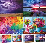 4 Pack 1000 Pieces Puzzle Sunset Lighthouse, Purple Lightning, Spring Flowers & Colorful Flowers Suc