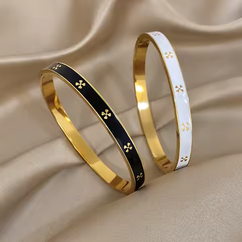 Stainless Steel Classic Floral Pattern Bangles Bracelets for Women Men Stylish Gold Plated Black Whi