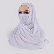 Jifang Women Plain Bubble Chiffon Veil Hijab Instant Hijabs Khimar Face Mask Tudung Black White WJ694