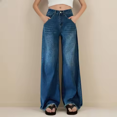 Korean Style High-Waisted Loose-Fitting Jeans Streetwear Boyfriend Stretch Wide-Leg Jeans Lady Offic