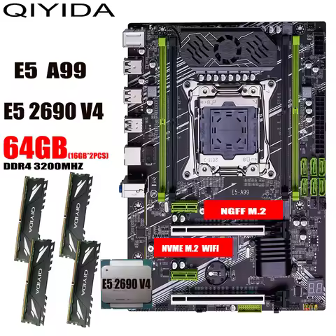QIYIDA X99 motherboard set kit xeon LGA2011-3 E5 2690 V4 64GB （4*16gb）3200MHz 4 channels DDR4 SATA 3